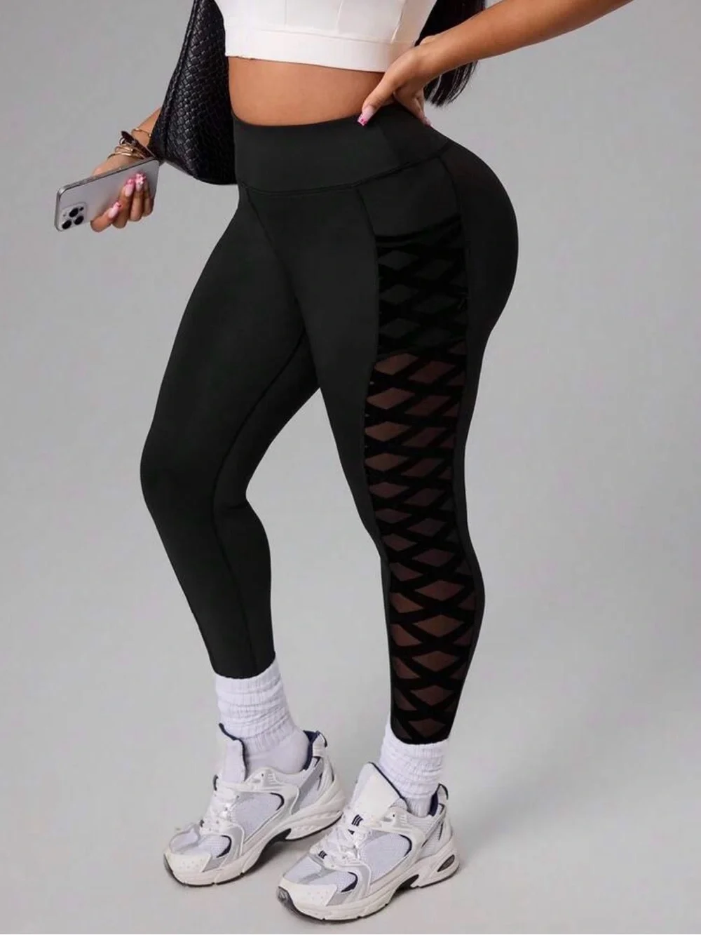 SHEIN Black High-Waist Leggings with Mesh Lattice Side Panels